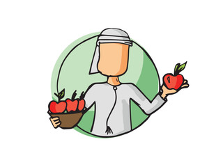 Hand drawn sketch of an Arab character holding apples, on a white background. Suitable for healthy eating promotions and campaigns. An apple a day keeps the doctor away 
