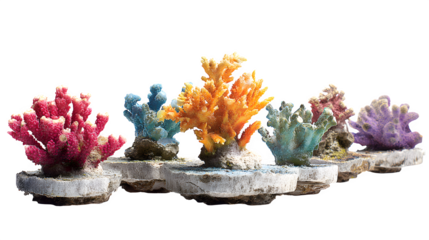 colorful coral fragments attached to small disks, live reef display, isolated on white background