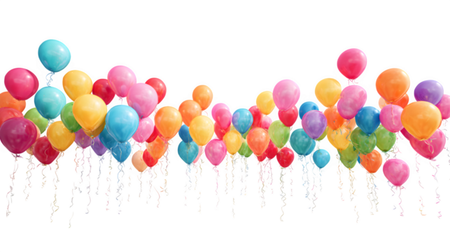 colorful balloons floating upward, party celebration vibe, isolated on white background