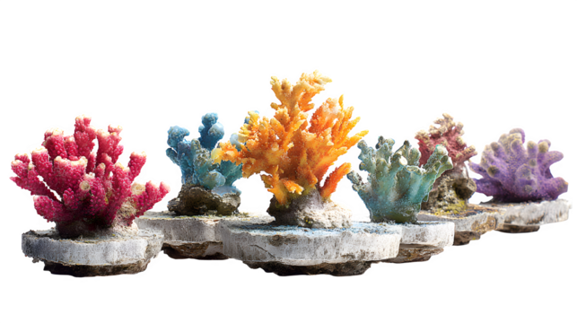 colorful coral fragments attached to small disks, live reef display, isolated on white background