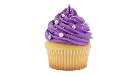 A single vanilla cupcake with purple buttercream frosting and pearl sprinkles.