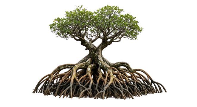 A single mangrove tree with a strong and complex root system.