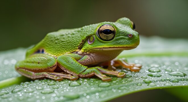 A green tree frog resting on a leaf covered in water droplets