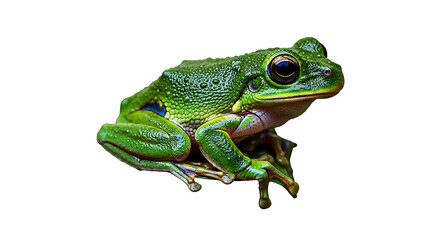 Obraz premium A vibrant green tree frog with large eyes sits poised on a white background.