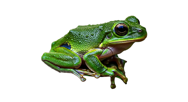 A vibrant green tree frog with large eyes sits poised on a white background.
