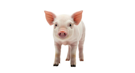 Adorable baby piglet standing on a clean white background looking directly at the camera with curiosity.