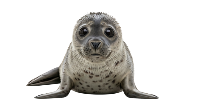 Adorable baby harbor seal pup isolated on a clean white background.