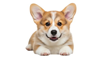 Adorable Pembroke Welsh Corgi puppy lying down isolated on a white background.