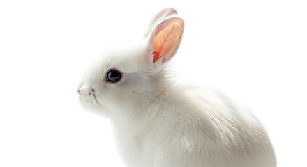 Adorable white rabbit with soft fur and bright eyes captured in a closeup studio shot against a clean white background showcasing its gentle nature and delicate features.
