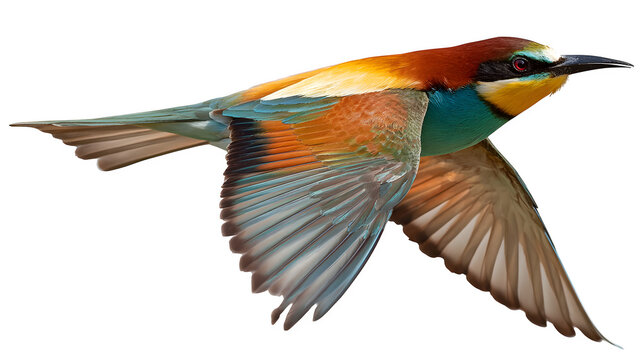 flying European bee-eater bird with colorful plumage, isolated on white background