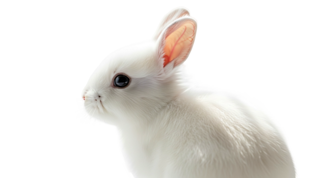 Adorable white rabbit with soft fur and bright eyes captured in a closeup studio shot against a clean white background showcasing its gentle nature and delicate features.