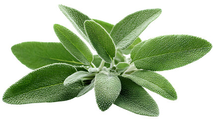 fresh sage herb sprig with green velvety leaves, aromatic culinary plant, isolated on white background