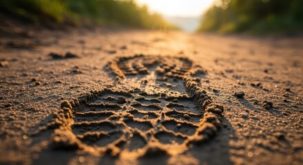 Close up of a footprint on a dirt road leading into the distance during golden hour with beautiful light and bokeh effect