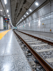 Empty subway tunnel with curved railway tracks and lights.