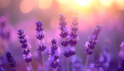 Naklejka premium Lavender field at sunrise warm golden light illuminating vibrant purple flowers soft bokeh background symbolizes summer serenity and natural beauty