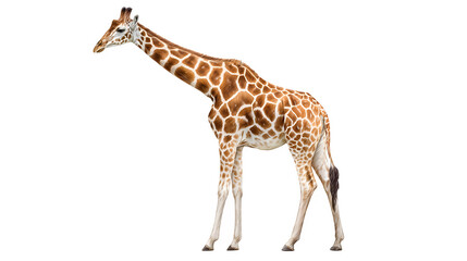 Fototapeta premium giraffe standing tall, spotted coat and long neck, elegant African animal, isolated on white background