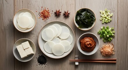 Culinary Composition: Appetizing Array of Asian Cuisine Ingredients on a Wooden Board