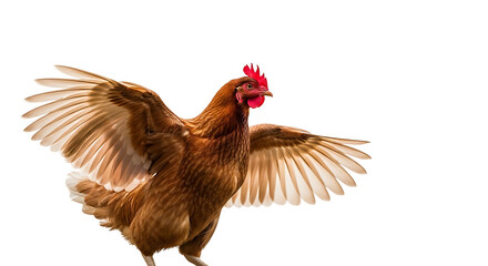 Brown Chicken Spreading Wings on White Background.
