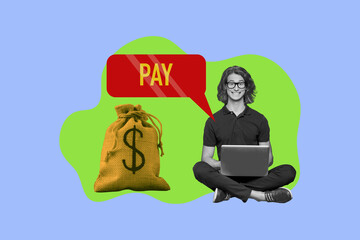 Collage featuring confident business man woman with money bag light bulb laptop smartphone symbolizing ideas success payment