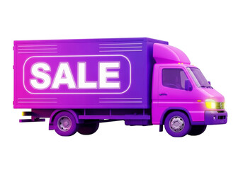 Purple and pink delivery truck with sale sign isolated on transparent background