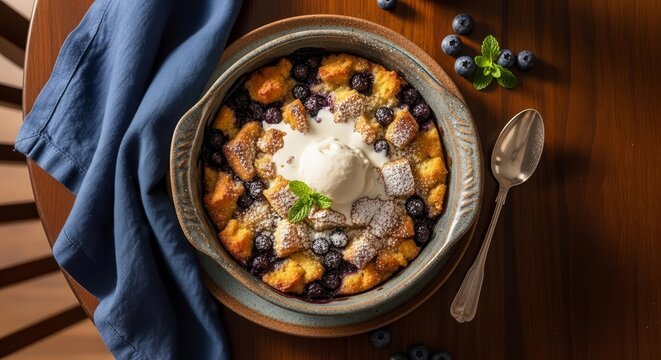 Delectable Baked Dessert Featuring Fresh Blueberries, Ice Cream, And Culinary Design