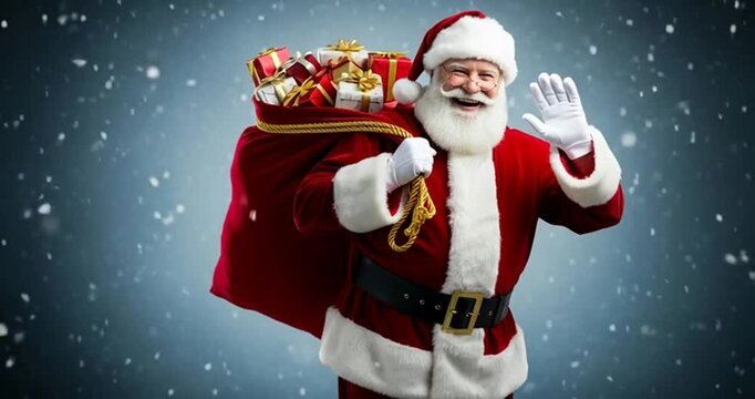 Jolly Santa Claus with a sack full of gifts waving cheerfully in a snowy winter wonderland scene