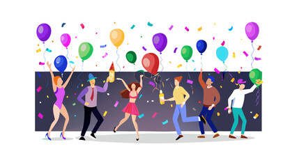 Colorful balloons and confetti floating in air, people dancing and celebrating indoors with neon lights and drinks, party hats and fun mood .vector icon