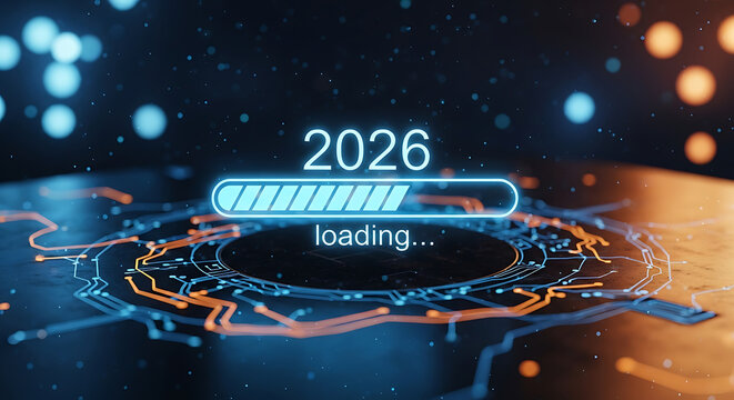 Futuristic loading bar for the year 2026 with glowing effect