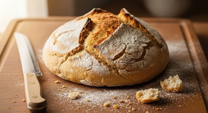 A loaf of freshly baked bread sits on a wooden cutting board with a knife, dusted with flour and ready to be sliced and served