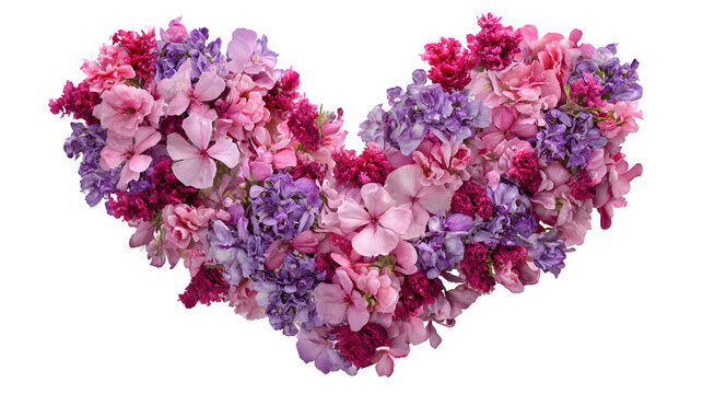 heart shape formed by pink and purple flowers, romantic floral arrangement, isolated on white background