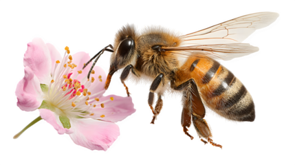 honeybee hovering near flower, macro detail, isolated on white background