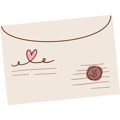 Hand Drawn Envelope With Heart And Wax Seal For Valentine Letter With Copy Space On White Background