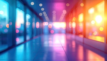 Modern Abstract Hallway With Soft Pink Blue Pastel Blur Bokeh Lights and Cityscape Reflection Vibrant Orange Sunset Glow Warmth and Cool Tones Contrast Reflective Floor
