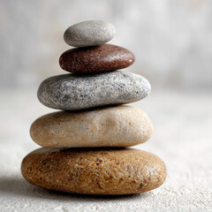 Stacked stones on a smooth surface for balance and tranquility.