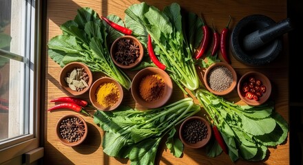 Culinary Composition Highlighting Fresh Vegetables, Spices, And Wooden Tabletop Aesthetic