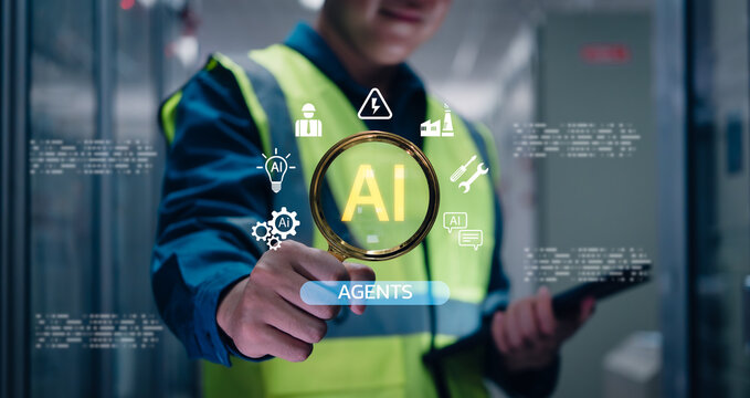 Engineer interacting with artificial intelligence interface to manage industrial operations, enhance automation, and optimize smart systems using AI agents in modern factory environments.