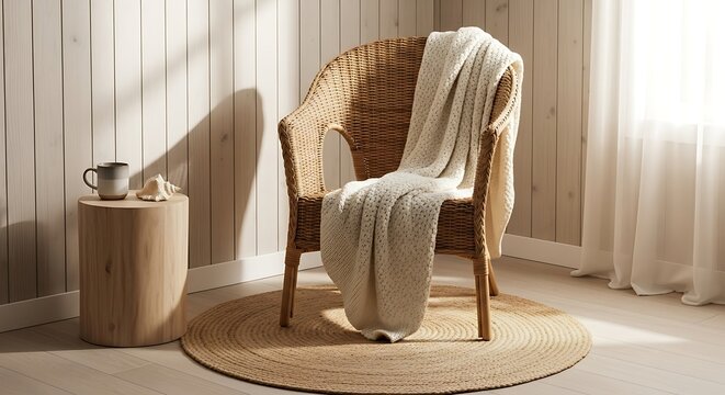 Cozy Wicker Chair with Cream Blanket in Light Wood Room