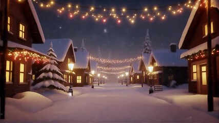 A charming, snow-covered village street illuminated by festive string lights and warm glowing windows, creating a magical winter holiday atmosphere. - Powered by Adobe