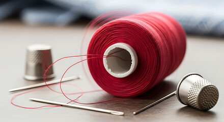 Red thread sewing kit with needles and thimbles for diy crafts and tailoring projects close up