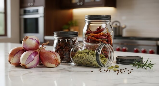 Culinary Composition: Jarred Spices, Shallots, And Fresh Ingredients On A Kitchen Surface