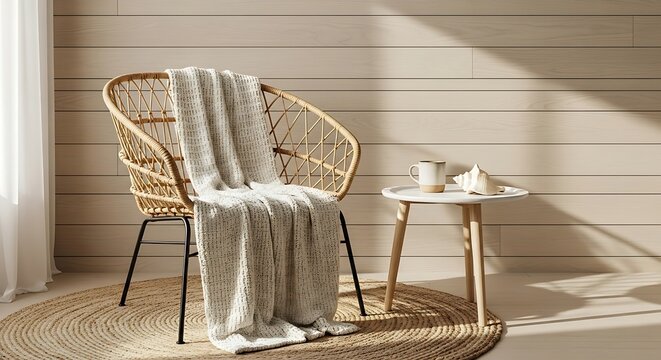 Wicker Chair with Throw Blanket in Sunny Coastal Living Room
