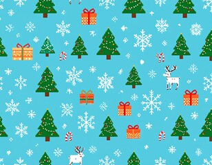 Christmas Pattern with Trees, Gifts, Snowflakes, and Reindeer.