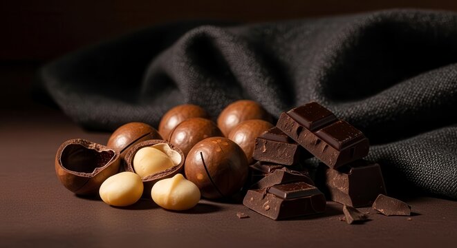 Delectable Macadamia Nuts and Dark Chocolate Pieces are Styled on a Brown Surface - Powered by Adobe