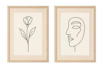 Minimalist line art frames with face and flower