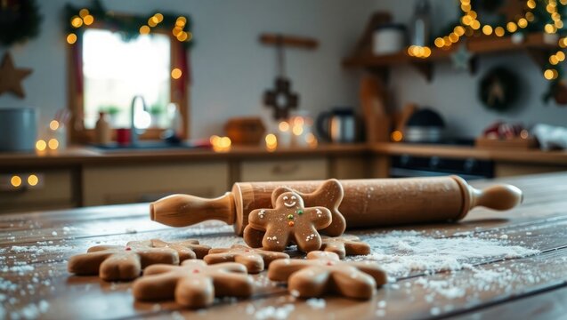 Baking gingerbread cookies in a cozy decorated kitchen