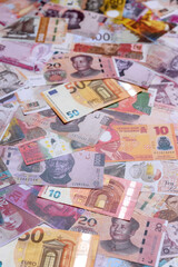 Money background, currency exchange, paper banknotes from different countries. Money cash currency