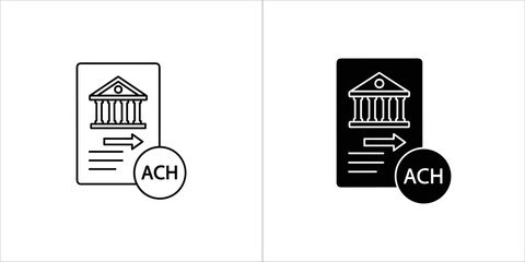 Ach payment icon with bank building and arrow, black and white outline and filled versions