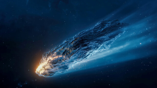 fiery meteor streaks across the dark star-filled sky, glowing with heat and light as it travels through space, evoking cosmic motion, mystery, and celestial energy