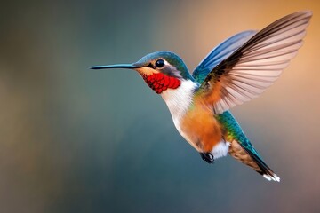 Fototapeta premium A hummingbird flying through the air with its wings spread