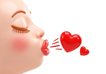 Woman blowing a kiss with red hearts isolated on transparent background